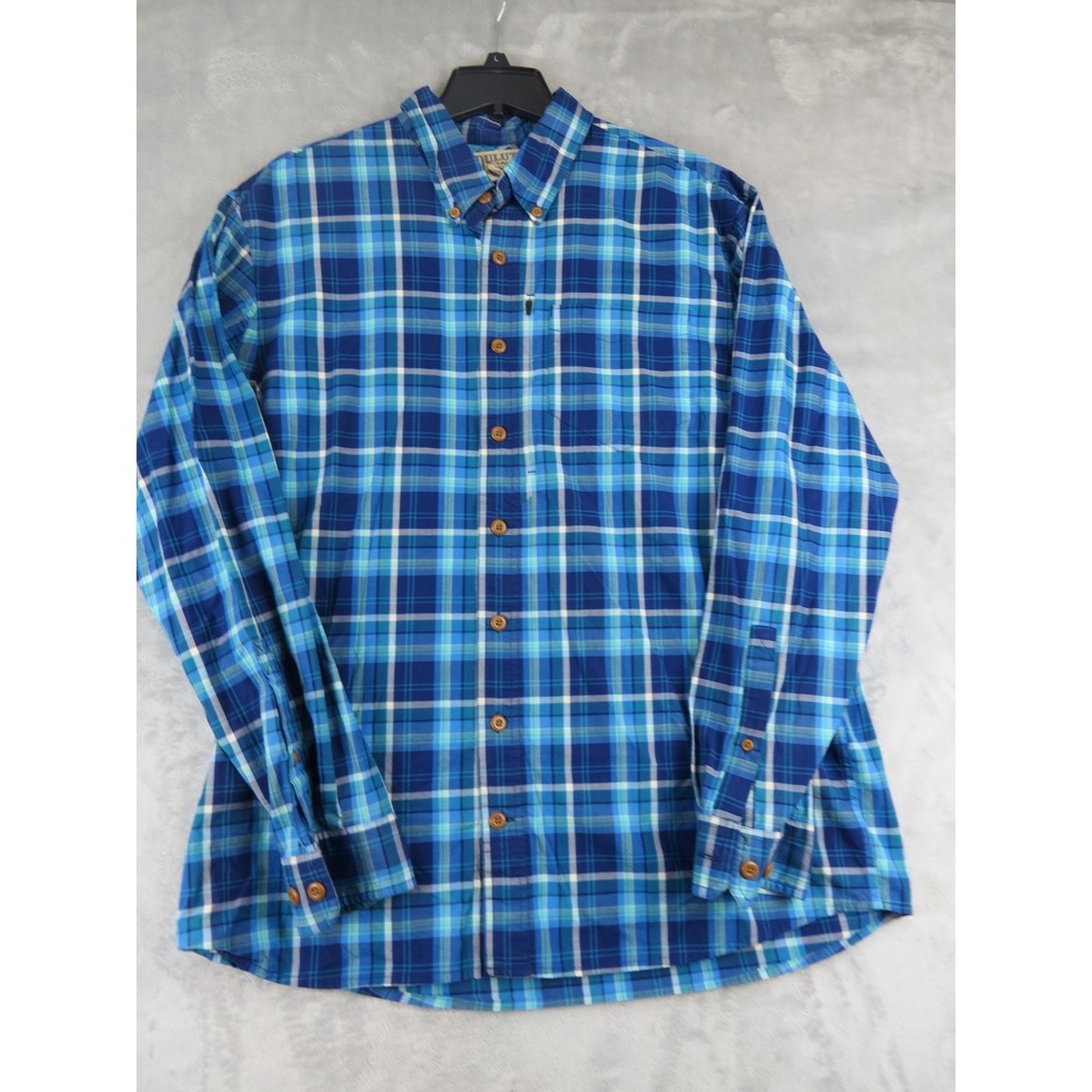 Duluth Trading Co Button Down Shirt Mens L Tall Blue Plaid Cotton Stretch